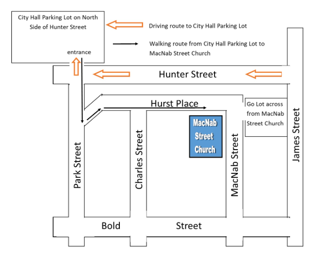 hand drawn map of how to get to the city hall parking lot